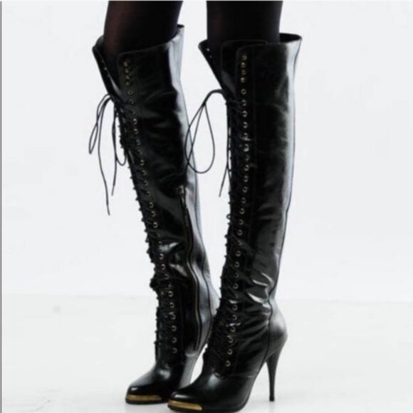 Joie Shoes - JOIE leather lace up boots OVER THE KNEE thigh high bondage OVER THE MOON 38.5